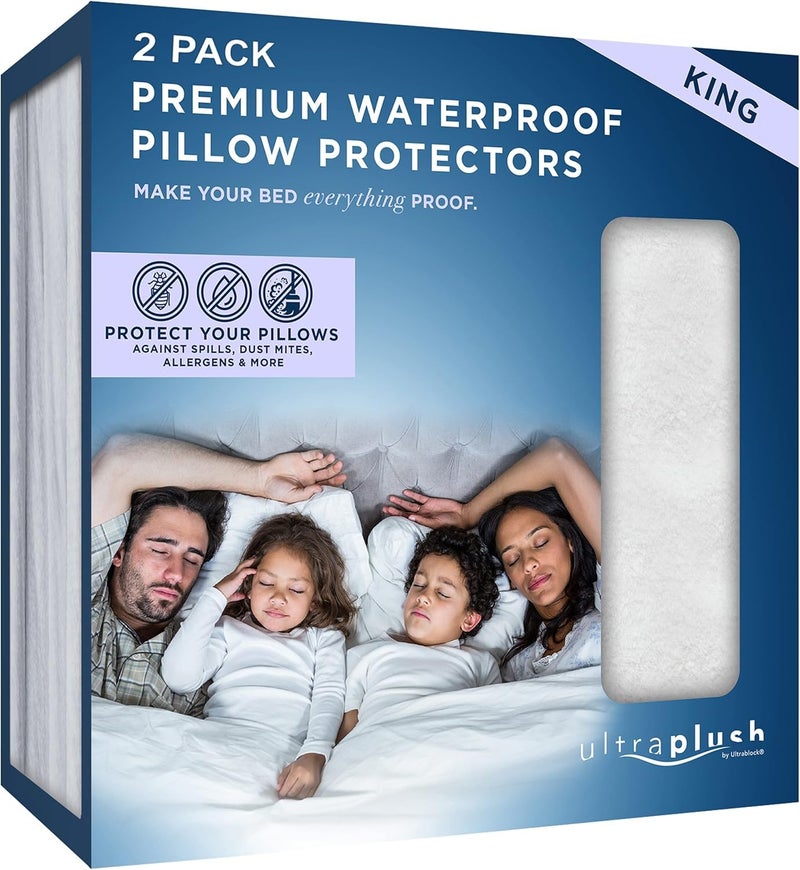 UltraBlock Ultra Plush Premium Waterproof Pillow Protector Set of 2 - Zippered Pillow Case Cover - Super Soft and Quiet Feather Proof Encasement (King Size 20 inches x 36 inches) - Image 1